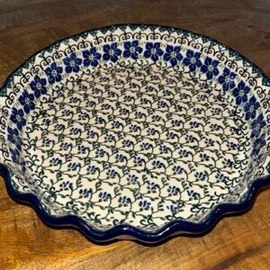 Blue Rose Polish Floral Pottery Pie Dish - hand painted.